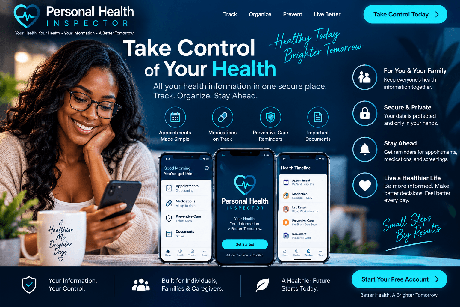 Take control of your health with Personal Health Inspector — all your health information in one secure place: appointments, medications, preventive-care reminders, and important documents, for you and your family.